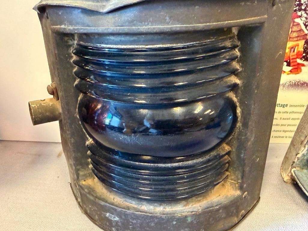 THREE ANTIQUE / VINTAGE NAUTICAL RIBBED GLASS SHIPS LIGHTS . LANTERN - 10