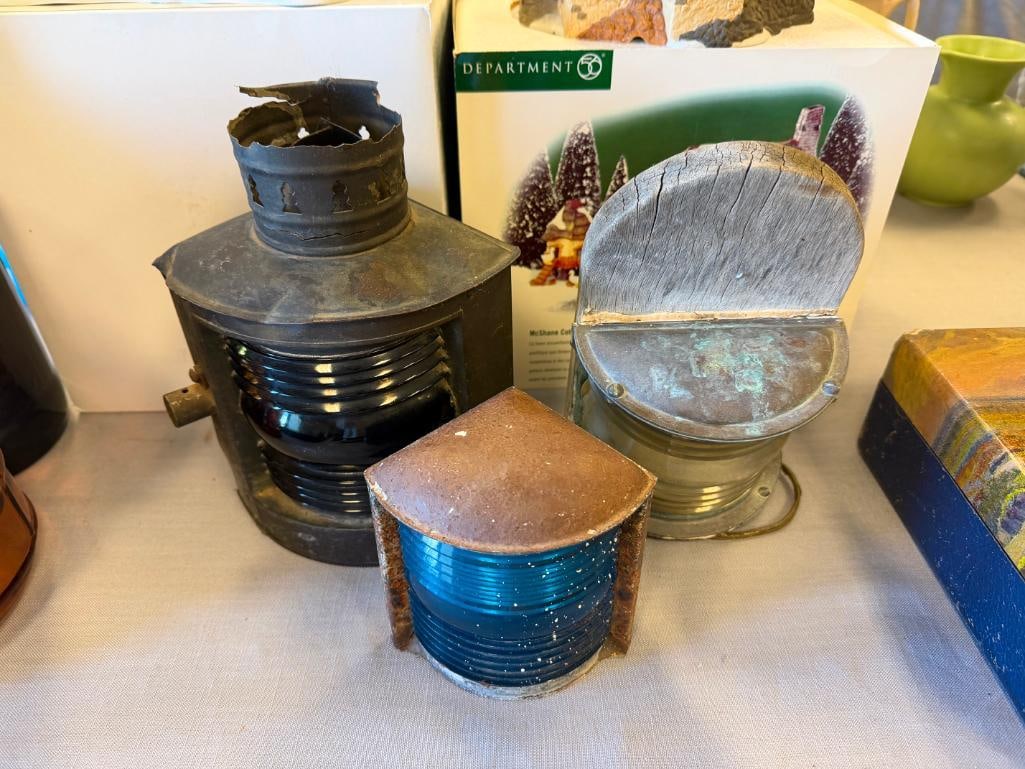 THREE ANTIQUE / VINTAGE NAUTICAL RIBBED GLASS SHIPS LIGHTS . LANTERN - 2