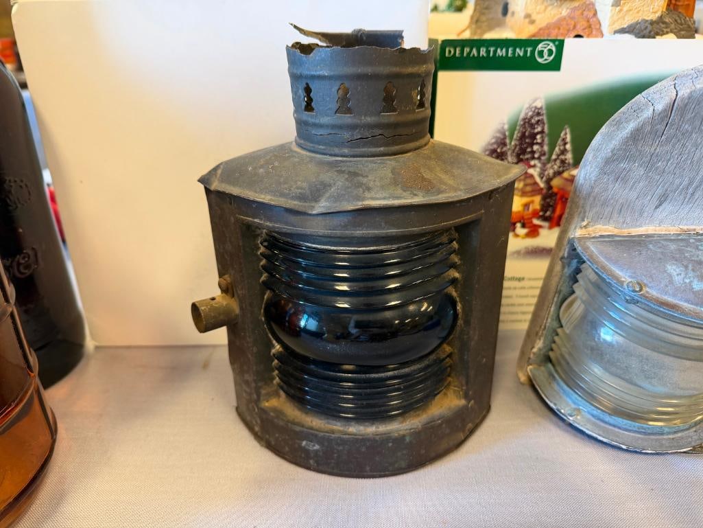THREE ANTIQUE / VINTAGE NAUTICAL RIBBED GLASS SHIPS LIGHTS . LANTERN - 7