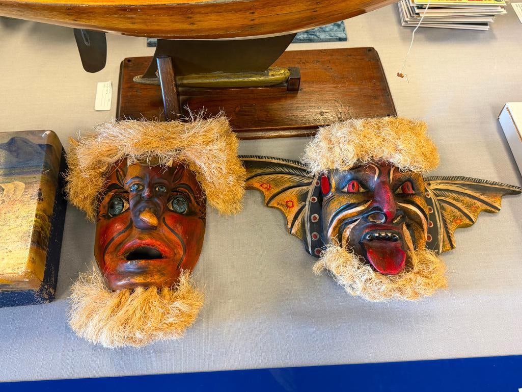 VINTAGE HAND CRAFTED WOODEN DEMON MASKS FROM MEXICIO POSSIBLY SONORA PASCOLA MASKS YAQUI OR MAYO - 2