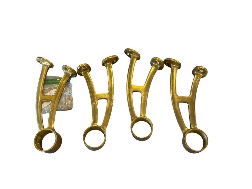 PLISHED BRASS FOOT RAIL BRACKETS SET OF FOUR: "A" STYLED BRACKETS WITH BRASS SCREWS, FOR 1 1/2" RODS 7 1/2" L, 