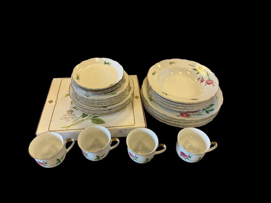 CHRISTINEHOLM PORCELAIN ROSE CHINA 24 PIECE FOUR PIECE SETTING FOR SIX ROSE DESIGN WITH GILT ACCE...: INCLUDES TIERED SERVER, MADE IN JAPAN