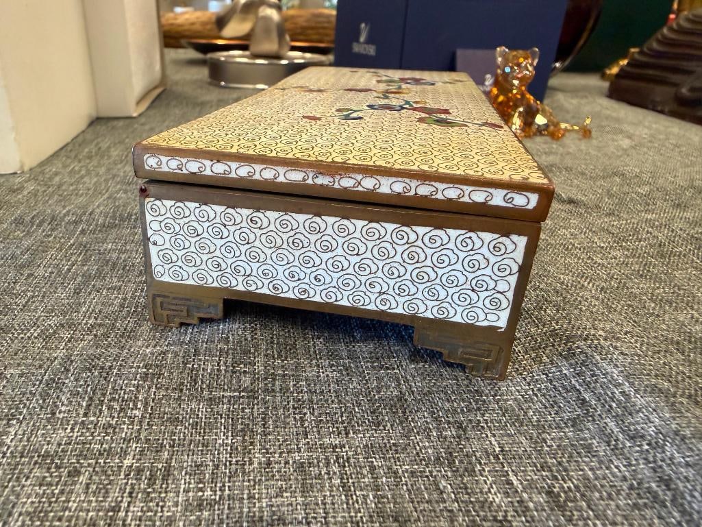 VINTAGE CHINESE CLOISONNE ENAMELED THREE COMPARTMENT TRINKET BOX AND MATCHING MATCHBOX HOLDER - 10