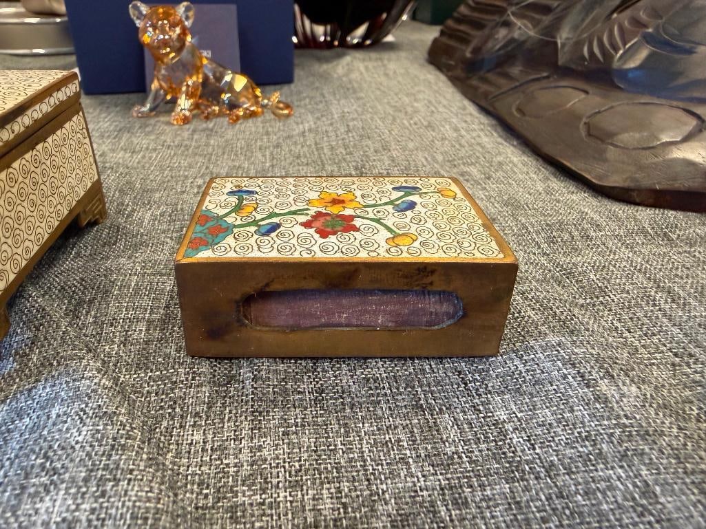 VINTAGE CHINESE CLOISONNE ENAMELED THREE COMPARTMENT TRINKET BOX AND MATCHING MATCHBOX HOLDER - 12