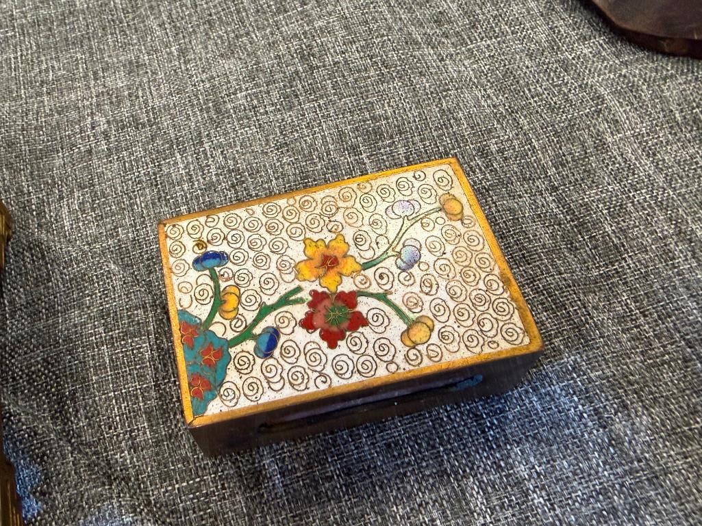 VINTAGE CHINESE CLOISONNE ENAMELED THREE COMPARTMENT TRINKET BOX AND MATCHING MATCHBOX HOLDER - 13