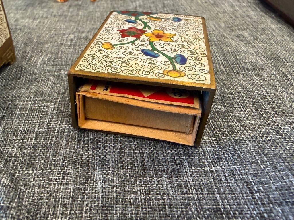VINTAGE CHINESE CLOISONNE ENAMELED THREE COMPARTMENT TRINKET BOX AND MATCHING MATCHBOX HOLDER - 14