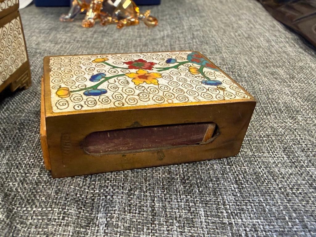 VINTAGE CHINESE CLOISONNE ENAMELED THREE COMPARTMENT TRINKET BOX AND MATCHING MATCHBOX HOLDER - 15