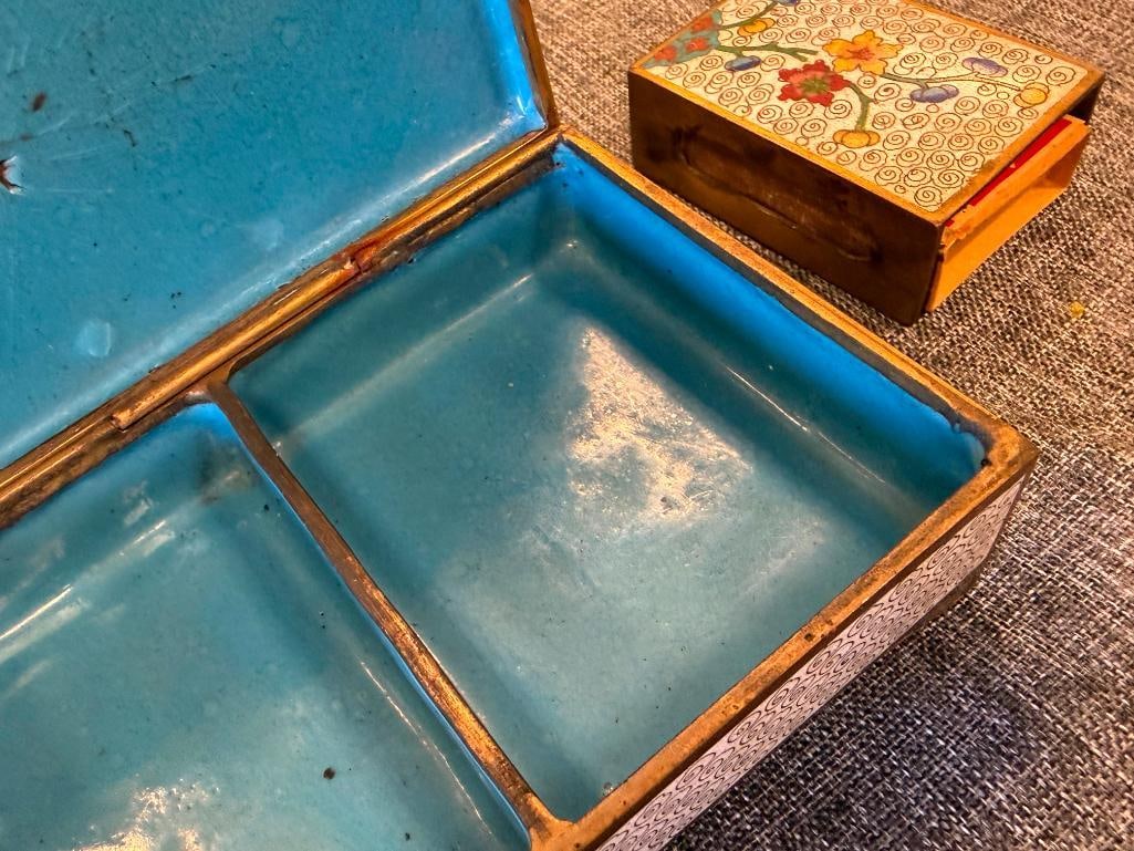 VINTAGE CHINESE CLOISONNE ENAMELED THREE COMPARTMENT TRINKET BOX AND MATCHING MATCHBOX HOLDER - 6
