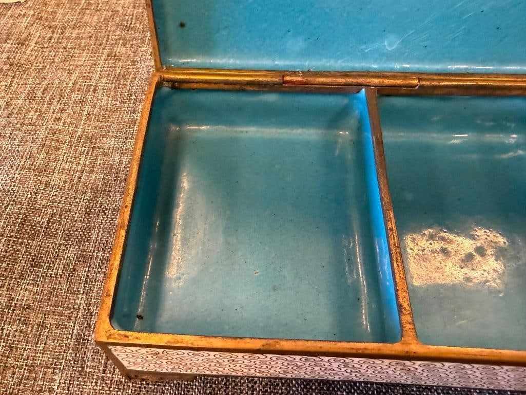 VINTAGE CHINESE CLOISONNE ENAMELED THREE COMPARTMENT TRINKET BOX AND MATCHING MATCHBOX HOLDER - 8