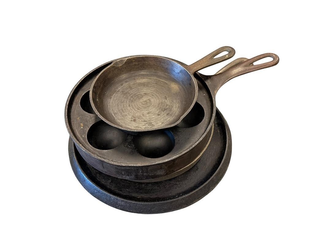 FOUR CAST IRON SKILLETS INCLUDES GRISWOLD NO. 32 EBELSKIEVER PAN 962: 6" UP TO 10"