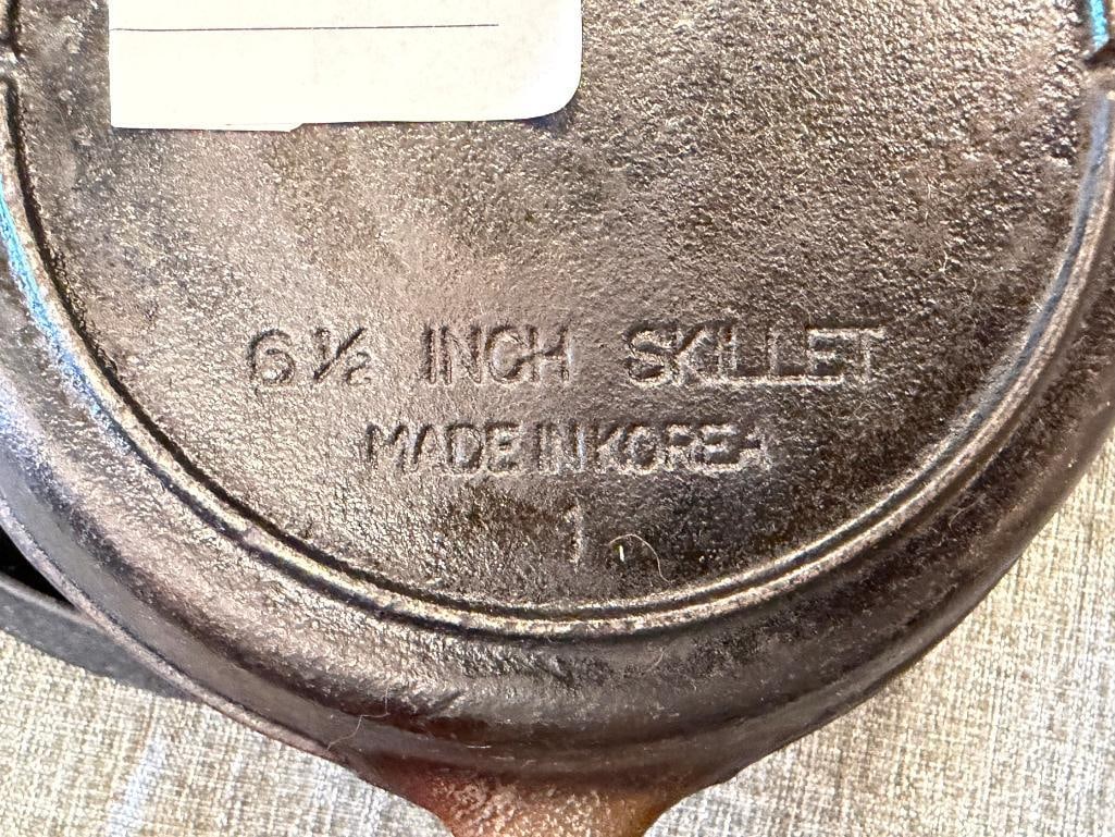 FOUR CAST IRON SKILLETS INCLUDES GRISWOLD NO. 32 EBELSKIEVER PAN 962 - 4