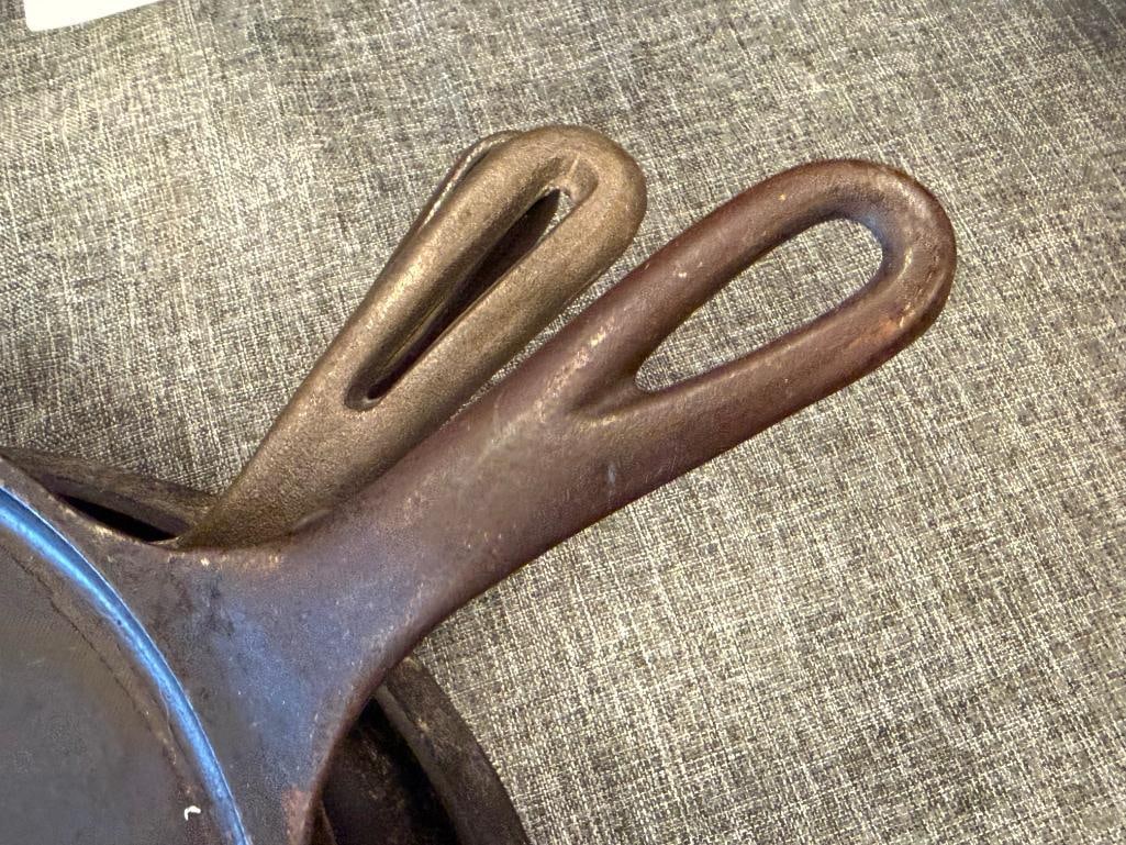 FOUR CAST IRON SKILLETS INCLUDES GRISWOLD NO. 32 EBELSKIEVER PAN 962 - 7