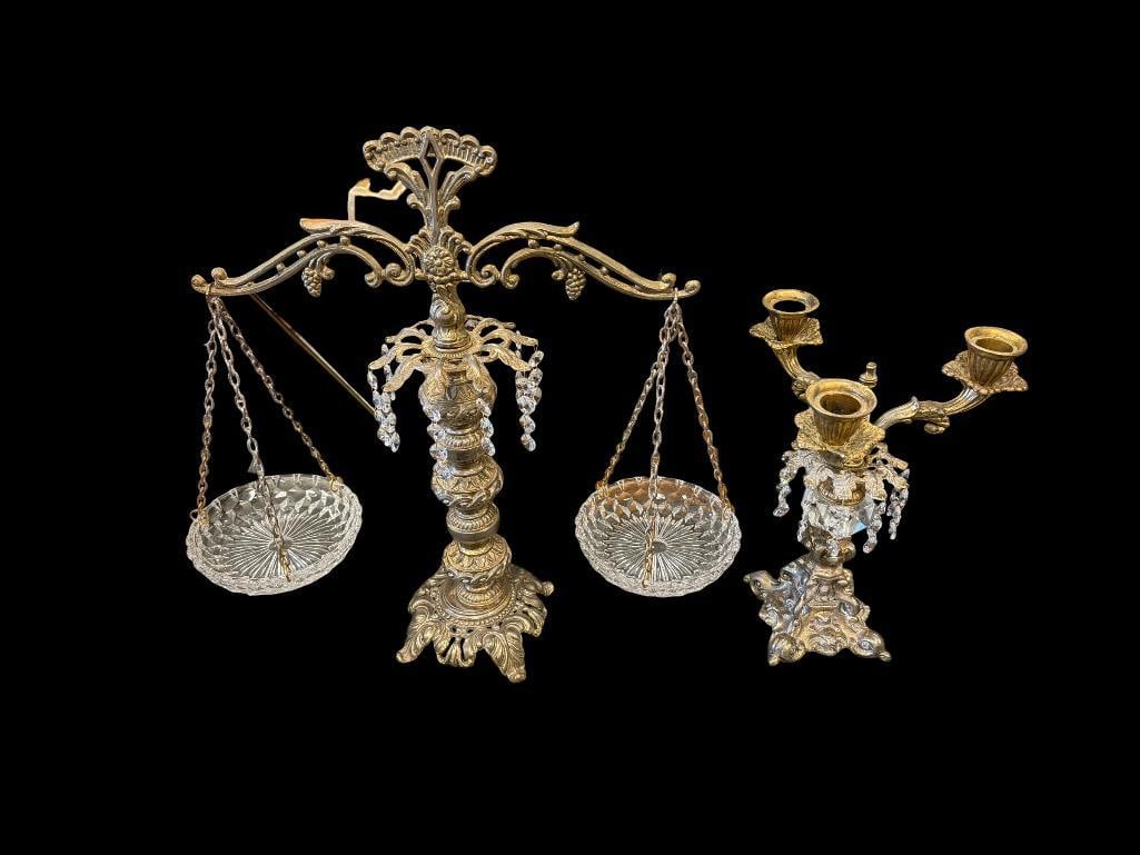 HOLLYWOOD REGENCY STYLD BALANCE SCALE AND THREE-ARM CANDELABRA WITH HANGING PRISMS: ORNATE DETAILED BASE AND COLUMN WITH HEXAGONAL HANGING PRISMS 11 1/2" AND 17 1/2" H