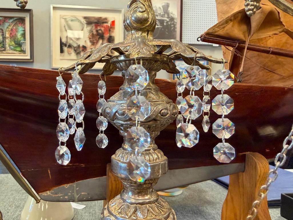 HOLLYWOOD REGENCY STYLED BALANCE SCALE AND THREE-ARM CANDELABRA WITH HANGING PRISMS - 9