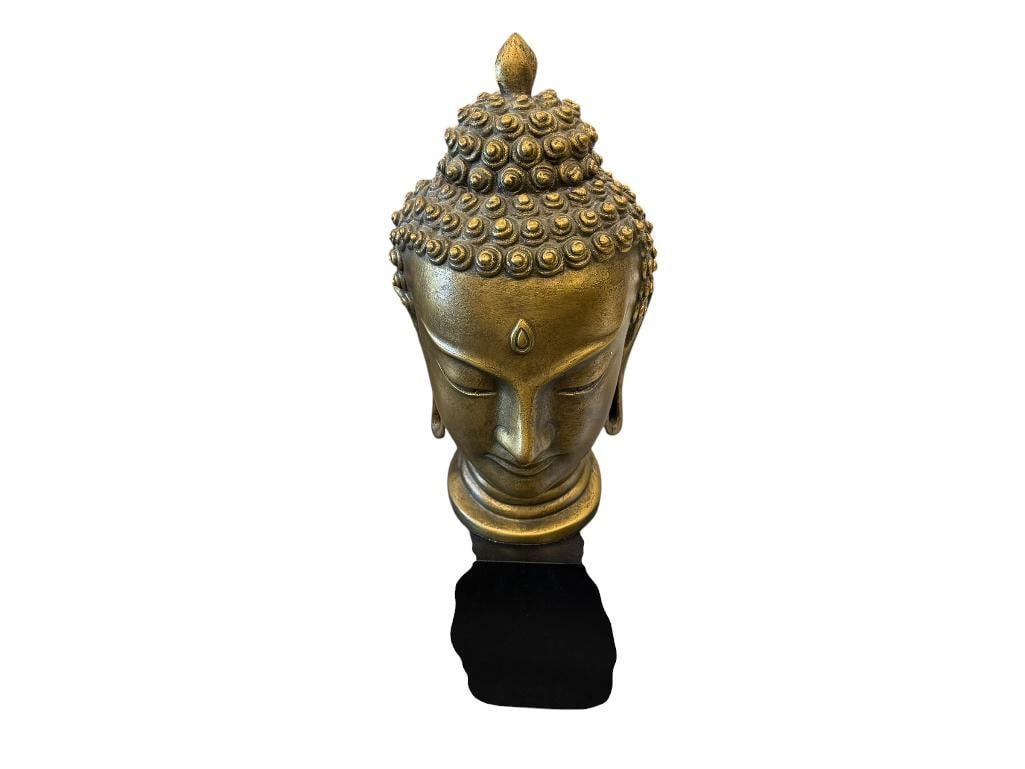 AUSTIN PRODUCTIONS GOLD FINISHED BUDDHA HEAD SCULPTURE MOUNTED ON WOODEN SQUARE BASE: 19 1/2" H