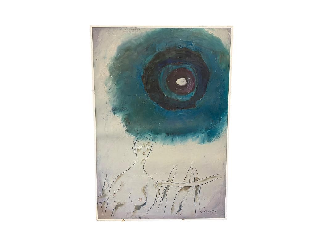 ORIGINAL OIL ON CANVAS PAINTING SIGNED J.P. AND DATED 1990: ART DEPICTS STYLIZED NUDE FEMALE WITH SWIRLING COSMIC VORTEX ABOVE, SIGNED LOWER RIGHT, FRAMED 21 1/2" X 31" FRAME