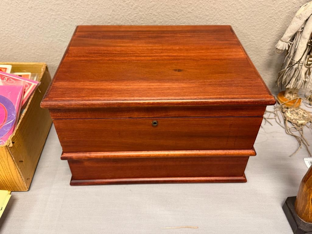POTTERY BARN RICH WOOD GRAIN STORAGE BOX WITH SIDE DRAWER INCLUDES KEY - 2
