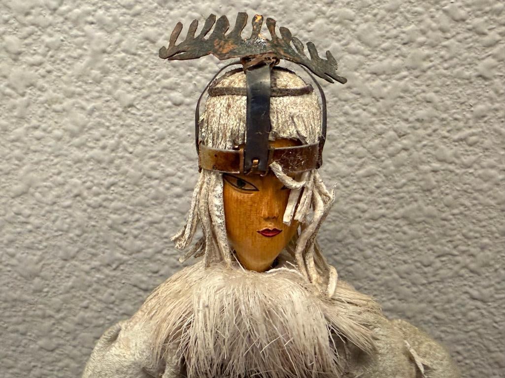 HAND CRAFTED INDIGENOUS - INSPIRED DOLL WITH BUCKSKIN CLOTHING, CARVED WOODEN FACE, FRINGED DETAIL - 10