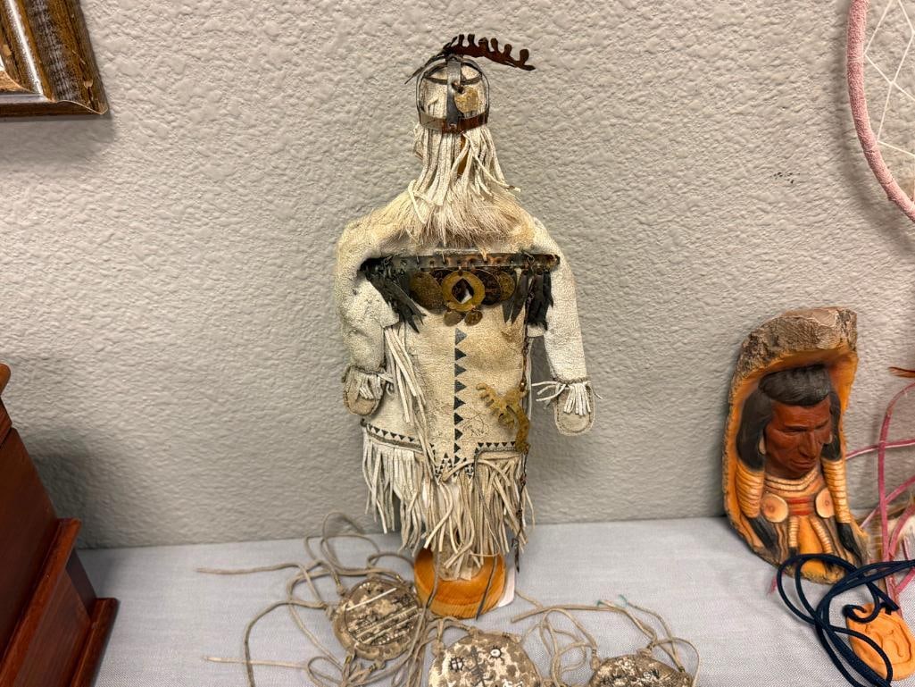 HAND CRAFTED INDIGENOUS - INSPIRED DOLL WITH BUCKSKIN CLOTHING, CARVED WOODEN FACE, FRINGED DETAIL - 11