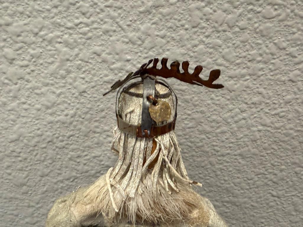 HAND CRAFTED INDIGENOUS - INSPIRED DOLL WITH BUCKSKIN CLOTHING, CARVED WOODEN FACE, FRINGED DETAIL - 12