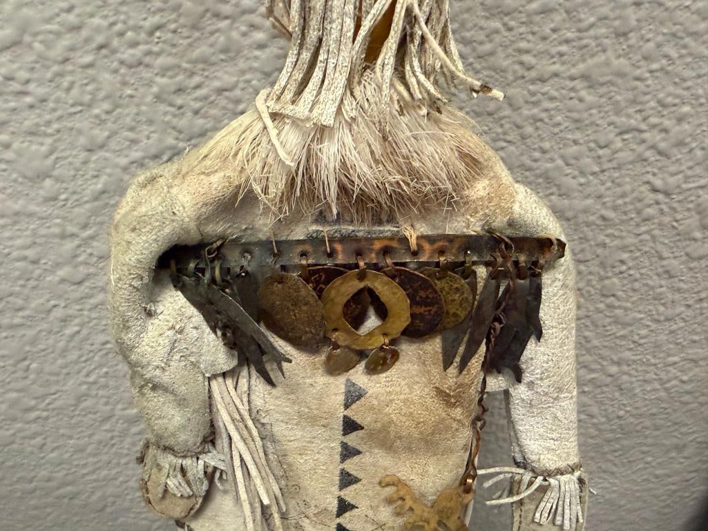HAND CRAFTED INDIGENOUS - INSPIRED DOLL WITH BUCKSKIN CLOTHING, CARVED WOODEN FACE, FRINGED DETAIL - 13