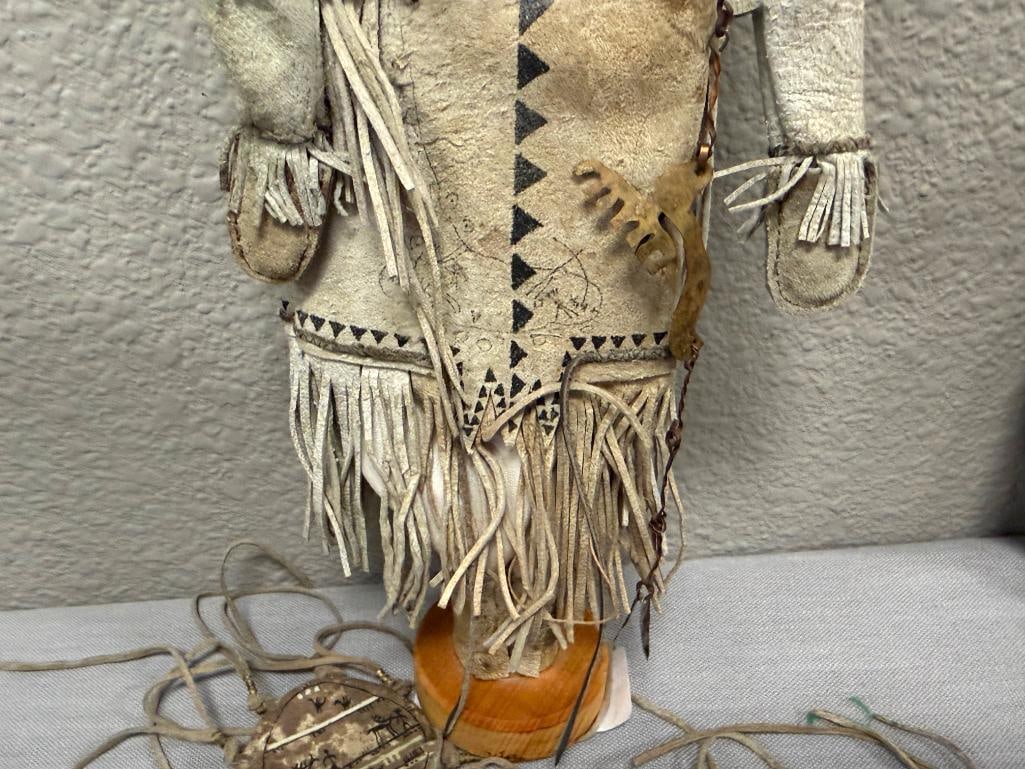 HAND CRAFTED INDIGENOUS - INSPIRED DOLL WITH BUCKSKIN CLOTHING, CARVED WOODEN FACE, FRINGED DETAIL - 14