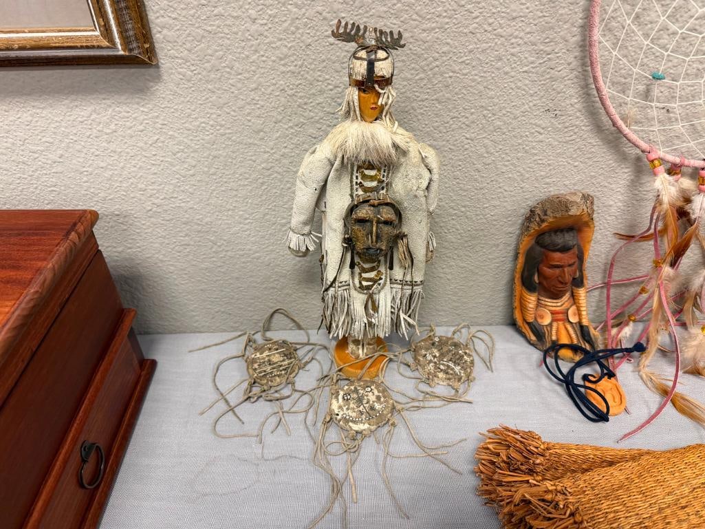 HAND CRAFTED INDIGENOUS - INSPIRED DOLL WITH BUCKSKIN CLOTHING, CARVED WOODEN FACE, FRINGED DETAIL - 2