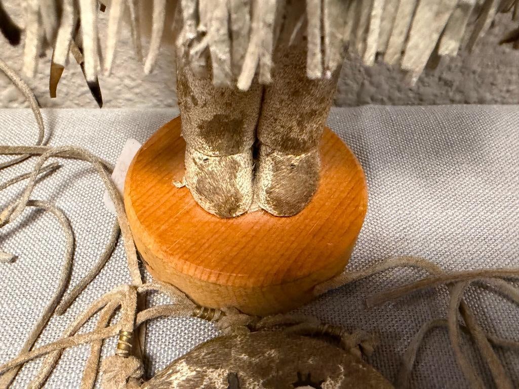 HAND CRAFTED INDIGENOUS - INSPIRED DOLL WITH BUCKSKIN CLOTHING, CARVED WOODEN FACE, FRINGED DETAIL - 7