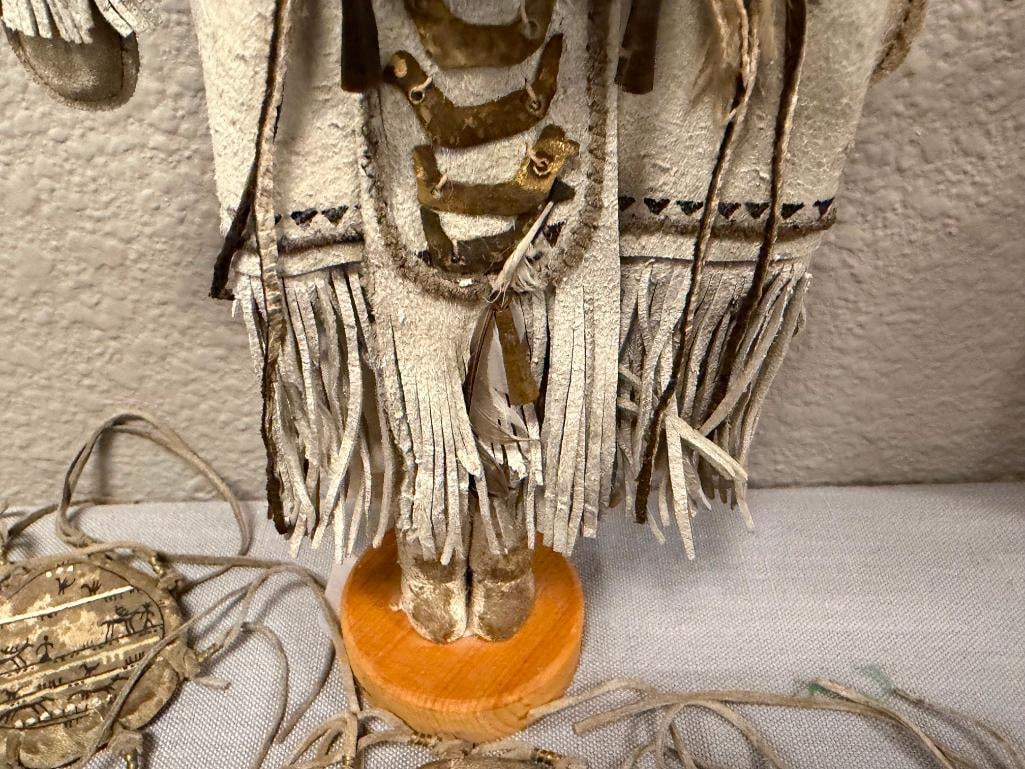 HAND CRAFTED INDIGENOUS - INSPIRED DOLL WITH BUCKSKIN CLOTHING, CARVED WOODEN FACE, FRINGED DETAIL - 8