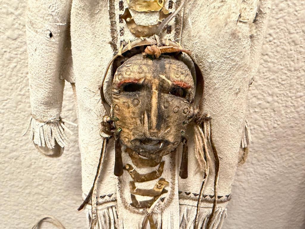 HAND CRAFTED INDIGENOUS - INSPIRED DOLL WITH BUCKSKIN CLOTHING, CARVED WOODEN FACE, FRINGED DETAIL - 9