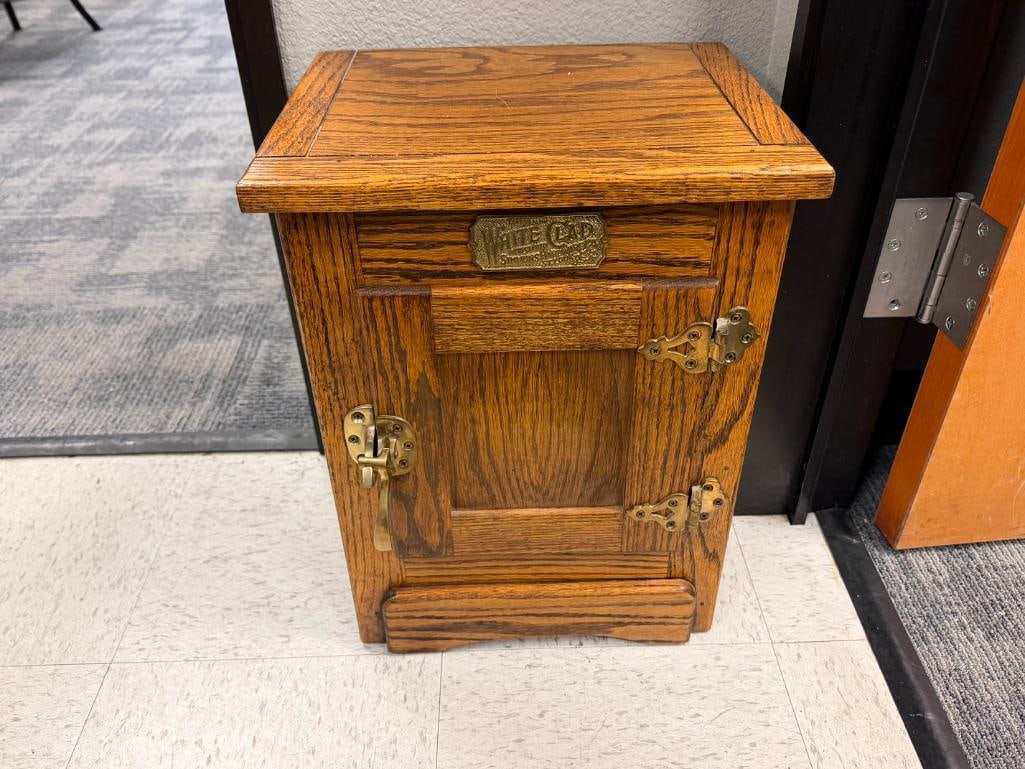 WHITE CLAD SIMMONS HARDWARE OAK ICE BOX END TABLE CABINET - 2
