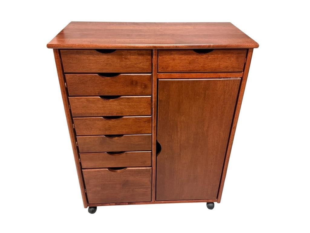 K.M. WOODENWARE CHERRY WOODEN ROLLING STORAGE ORGANIZING CABINET (1 of 14)