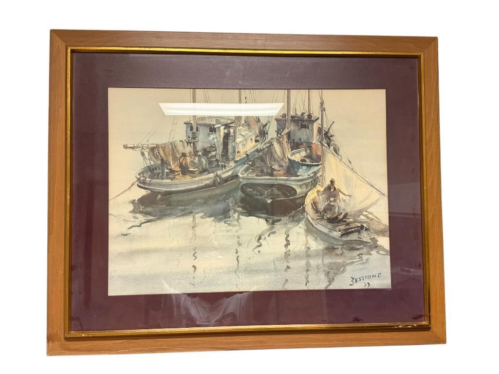 " HERRING BOATS " PRINT BY JAMES MILTON SESSIONS: JAMES MILTON SESSIONS WAS AN AMERICAN ARTIST (1882-1962), FRAMED AND MATTED, ART LABEL ON BACK 33" X 27" FRAME