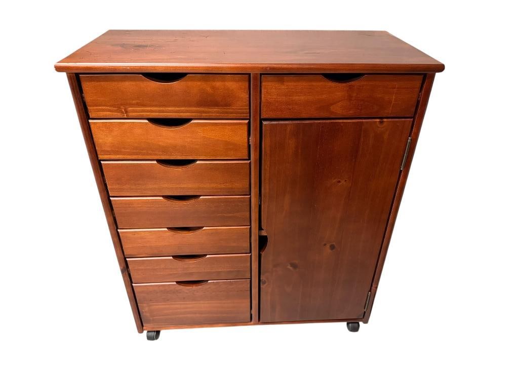 CHERRY-STAINED WOODEN ROLLING STORAGE ORGANIZING CABINET (1 of 12)