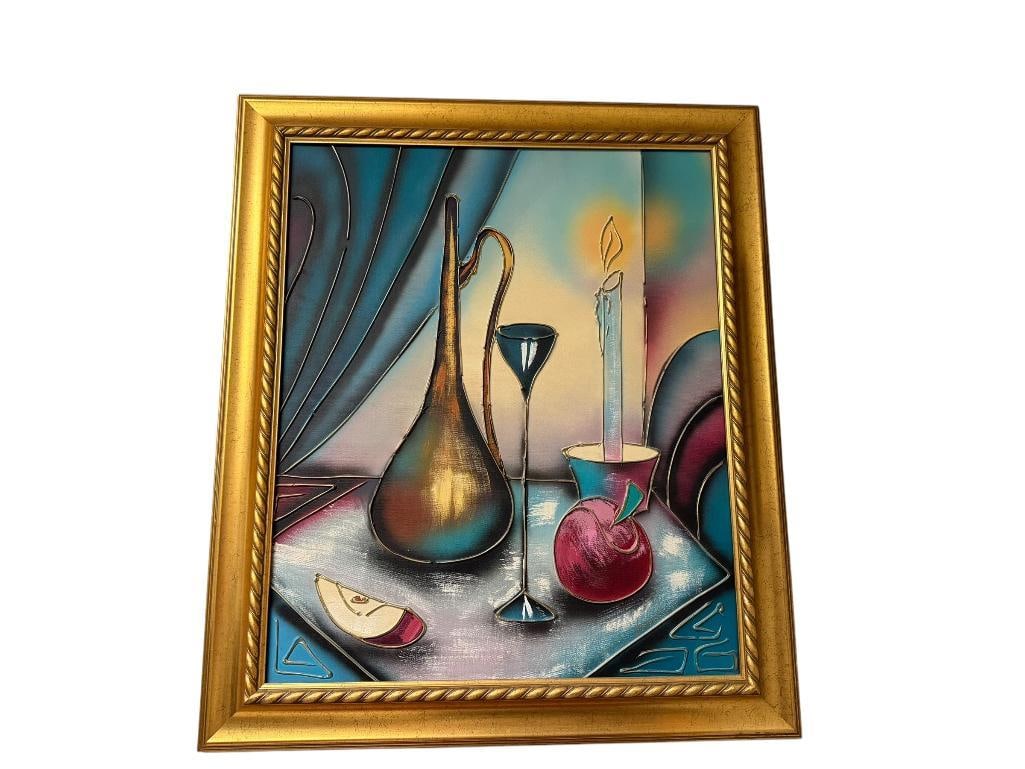 ORIGINAL OIL ON CANVAS PAINTING OF STILL LIFE FEATURING PITCHER, CANDLE, AND SLICED APPLE BY SIMMEL: PAINTING FEATURES A MIXED MEDIA ASPECT WITH OUTLINES AND SOME DETAILS IN RELIEF, GOLD TONE HARD PLASTIC FRAME, PAINTING SIGNED SIMMEL IN LOWER RIGHT 25" X 29"