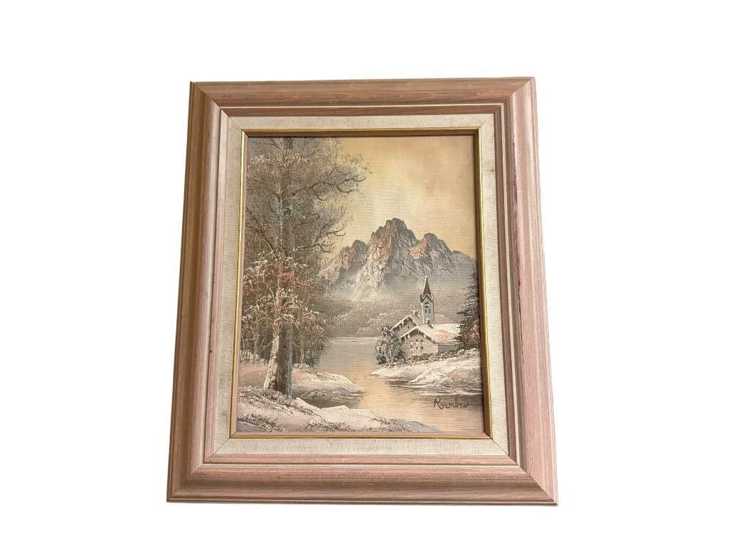ORIGINAL OIL ON CANVAS PAINTING OF MOOUNTAINSIDE LANDSCAPE DURING WINTER WITH RIVER SIGNED BY ART...: PAINTING FEATURES PINK AND WHITE TONES, WOOD FRAME 12" X 14" FRAME