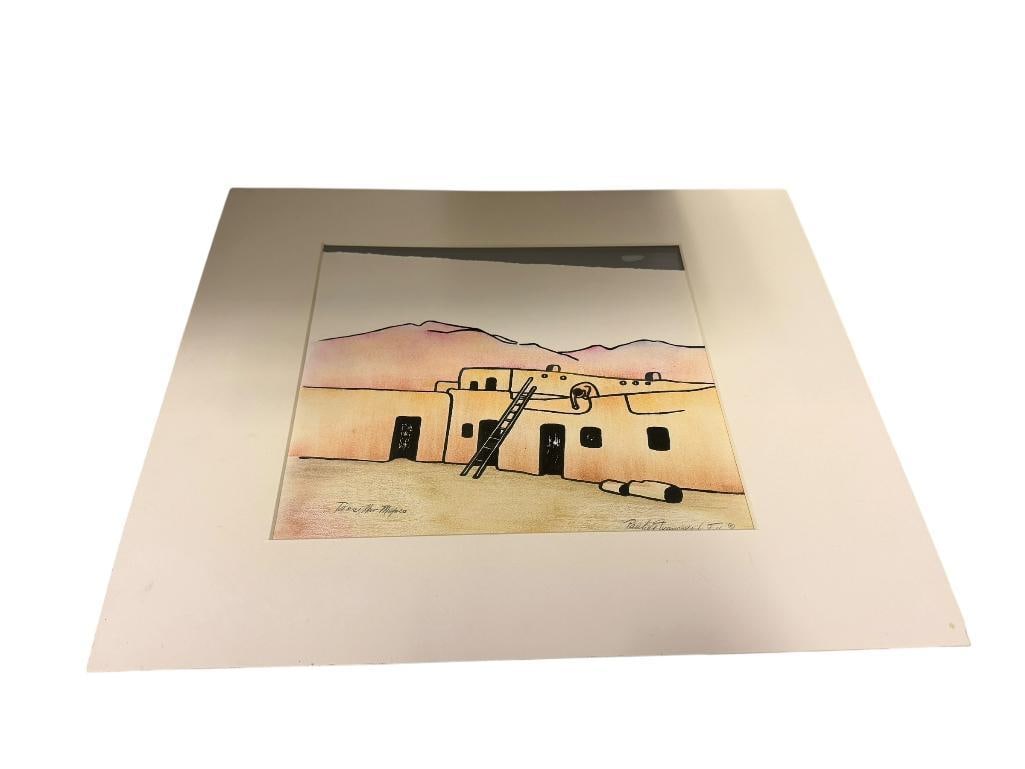 ORIGINAL MIXED MEDIA INK AND WATERCOLOR PAINTING ON PAPER " TAOS, NEW MEXICO " BY PAULINE TELLER (1 of 7)