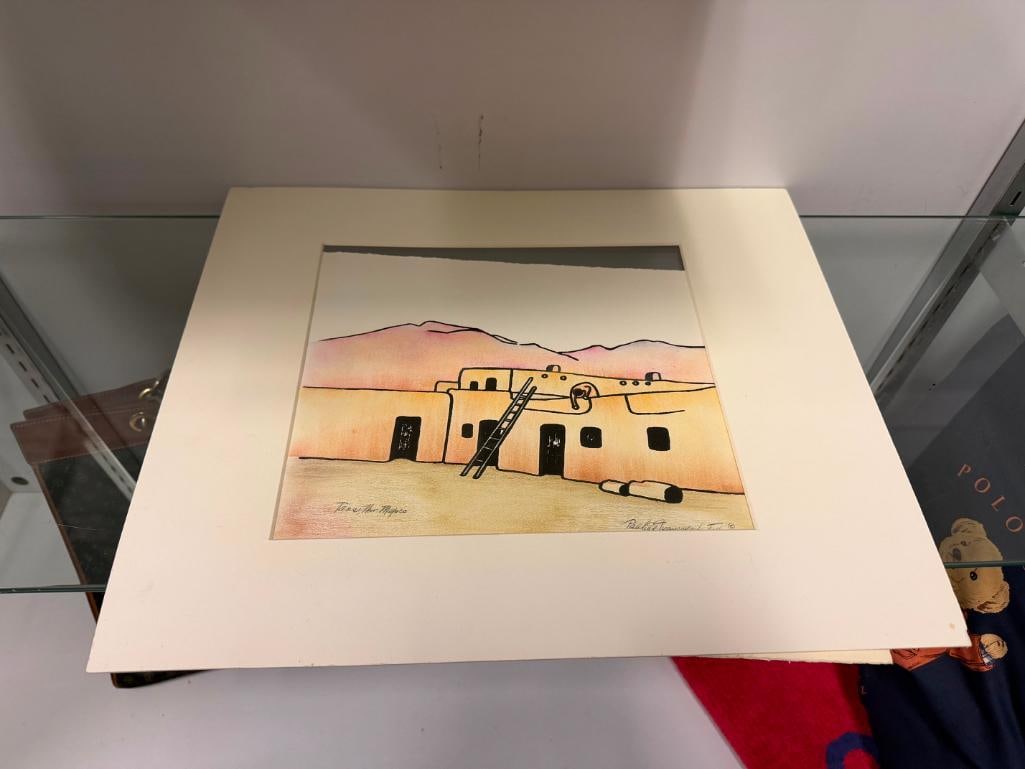 ORIGINAL MIXED MEDIA INK AND WATERCOLOR PAINTING ON PAPER " TAOS, NEW MEXICO " BY PAULINE TELLER - 2