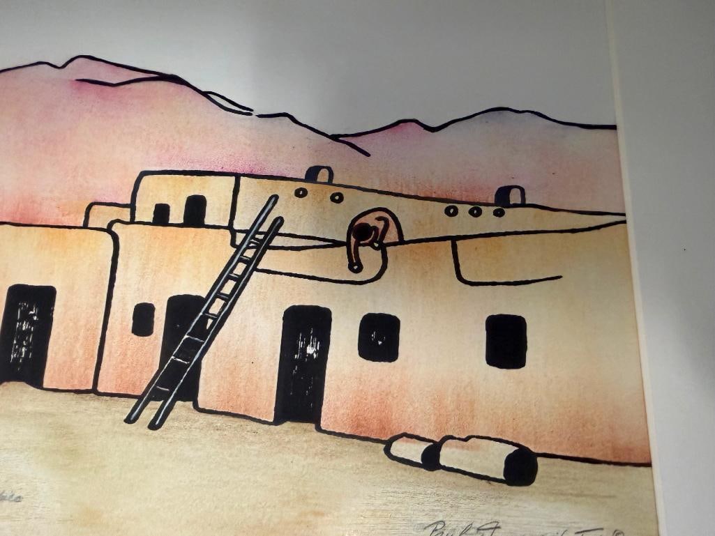 ORIGINAL MIXED MEDIA INK AND WATERCOLOR PAINTING ON PAPER " TAOS, NEW MEXICO " BY PAULINE TELLER - 5