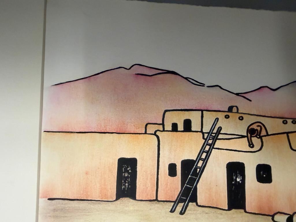 ORIGINAL MIXED MEDIA INK AND WATERCOLOR PAINTING ON PAPER " TAOS, NEW MEXICO " BY PAULINE TELLER - 6