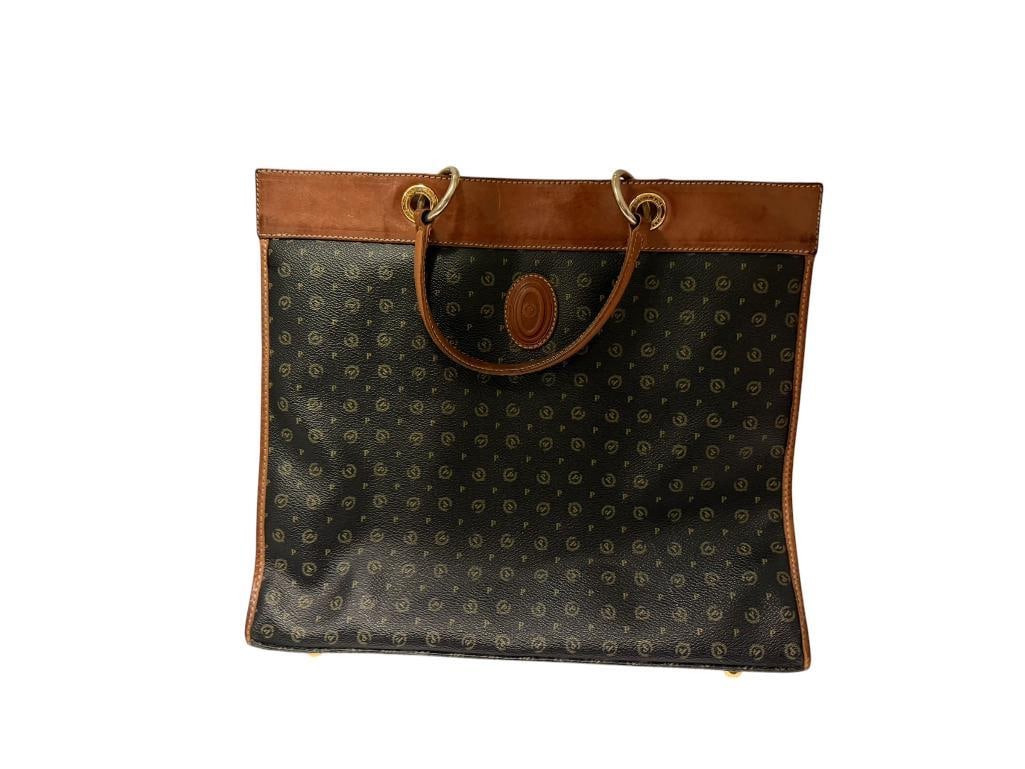 POLLINI ITALIAN DESIGNER MADE LEATHER MONOGRAM HERITAGE TOTE HANDBAG: CIRCA 1990'S, IN GOOD CONDITION 14" X 4" X 12"