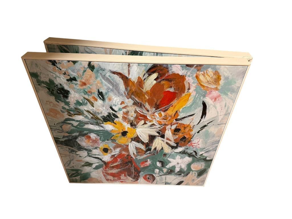 PAIR OF ORIGINAL ACRYLIC OIL PALLET KNIFE PAINTING ON CANVAS FEATURING VIBRANT COLORED FLOWERS: BOTH HAVE WOOD FRAMES, ONE FRAME HAS MINOR DAMAGE 32" SQUARE