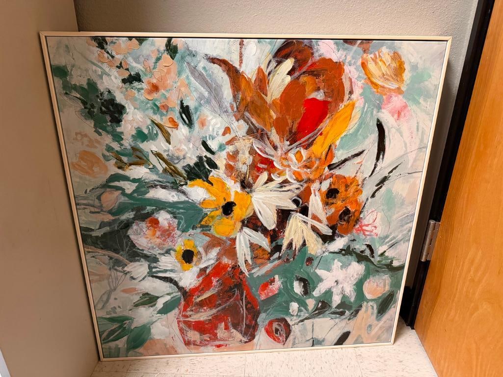 PAIR OF ORIGINAL ACRYLIC OIL PALLET KNIFE PAINTING ON CANVAS FEATURING VIBRANT COLORED FLOWERS - 4
