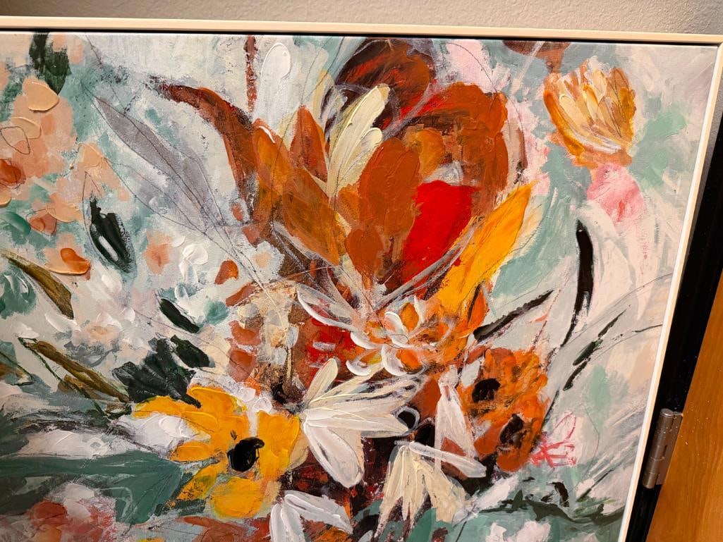 PAIR OF ORIGINAL ACRYLIC OIL PALLET KNIFE PAINTING ON CANVAS FEATURING VIBRANT COLORED FLOWERS - 5