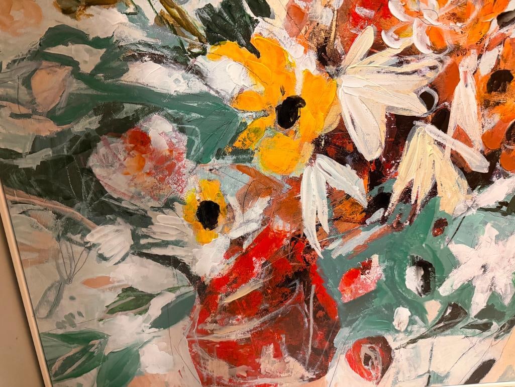 PAIR OF ORIGINAL ACRYLIC OIL PALLET KNIFE PAINTING ON CANVAS FEATURING VIBRANT COLORED FLOWERS - 6