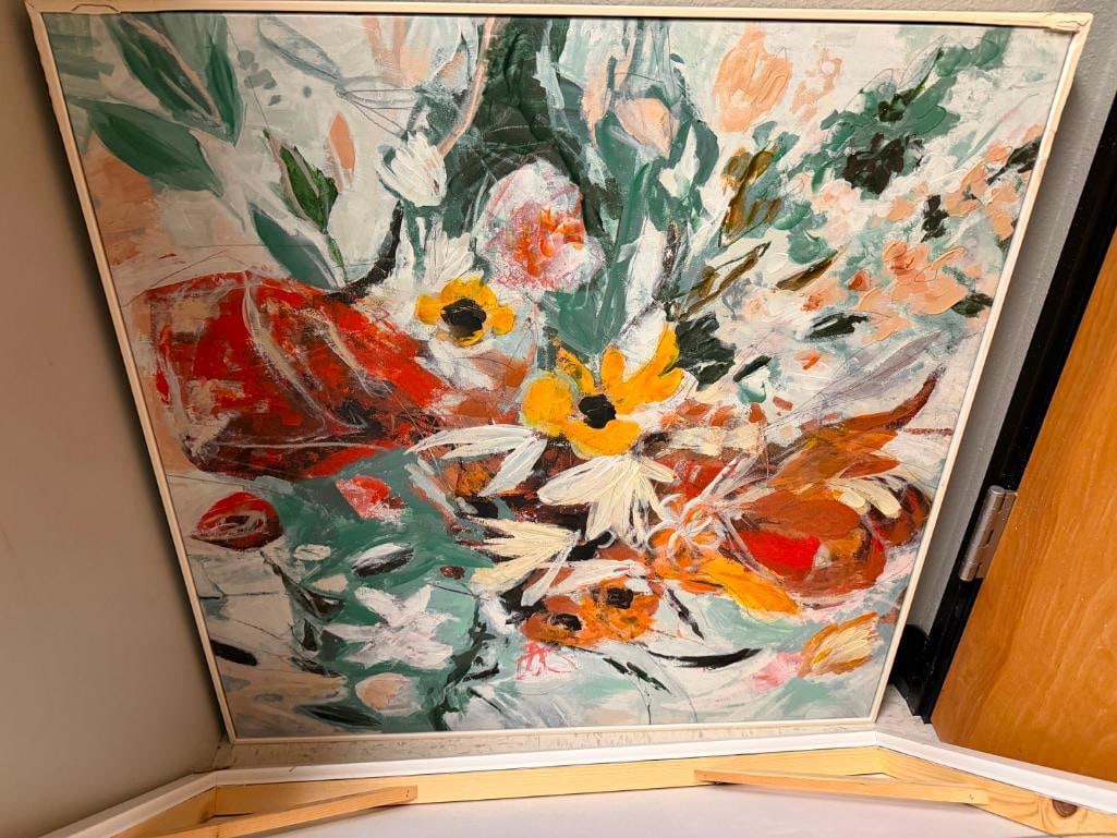 PAIR OF ORIGINAL ACRYLIC OIL PALLET KNIFE PAINTING ON CANVAS FEATURING VIBRANT COLORED FLOWERS - 8
