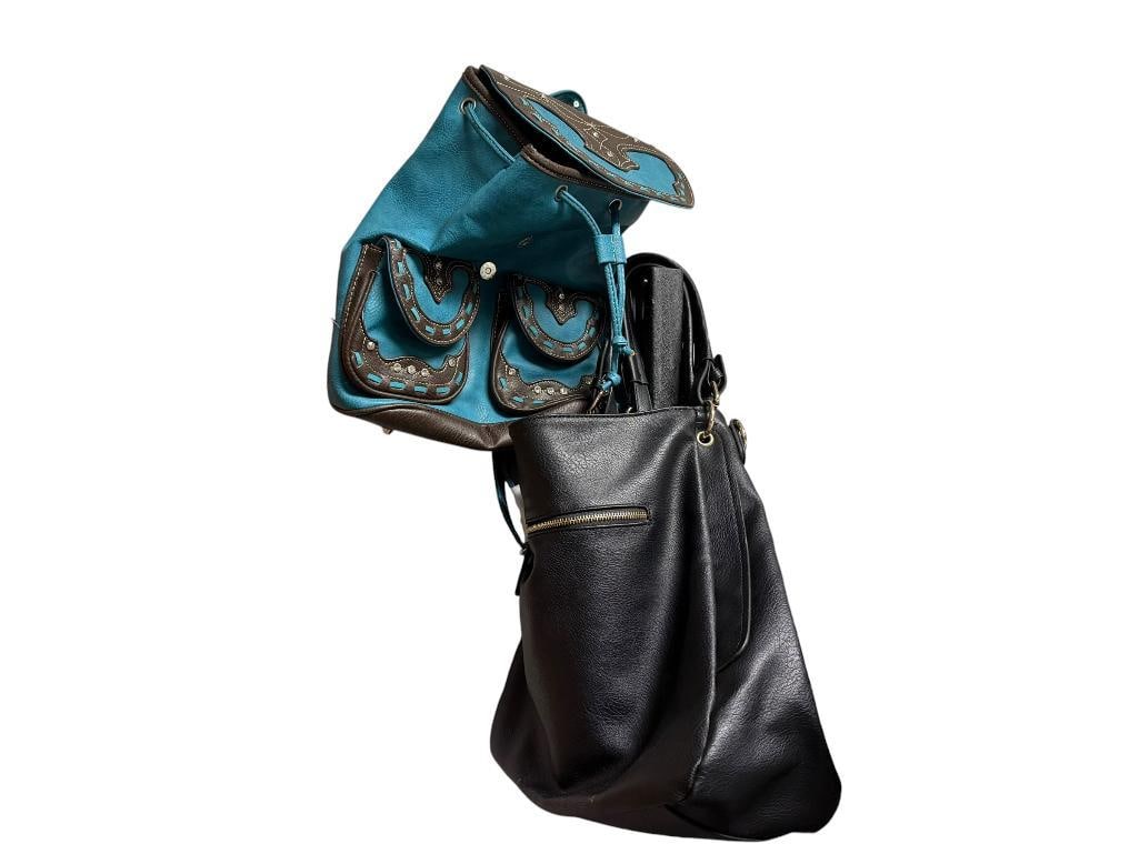 URBAN EXPRESSIONS BLACK SIMULATED LEATHER MOTORCYCLE BIKER HANDBAG AND NEW WESTERN MOTIF BACKPACK: BACKPACK IS ALSO SIMULATED LEATHER WITH TURQUOISE AND BROWN TONES WITH RHINESTONES, BACKPACK IS NEW AND OTHER BAG IS IN GOOD CONDITION BLACK BAG IS 17" X 6" X 13"