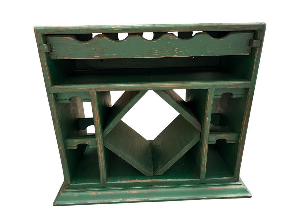 RUSTIC GREEN PAINTED WOOD WINE CABINET CASE WITH PULL OUT WINE BOTTLE DRAWER (1 of 9)