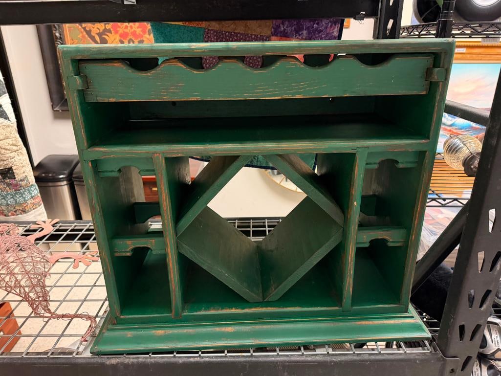 RUSTIC GREEN PAINTED WOOD WINE CABINET CASE WITH PULL OUT WINE BOTTLE DRAWER - 2
