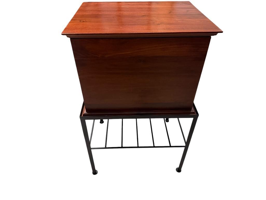 ELEGANT CHERRY-STAINED WOOD FILING CABINET ON METAL STAND: FEATURING HINGED LID TOP, INCLUDES RAILS FOR HANGING FOLDERS, GOOD CONDITION 19" X 15" X 31" WITH STAND